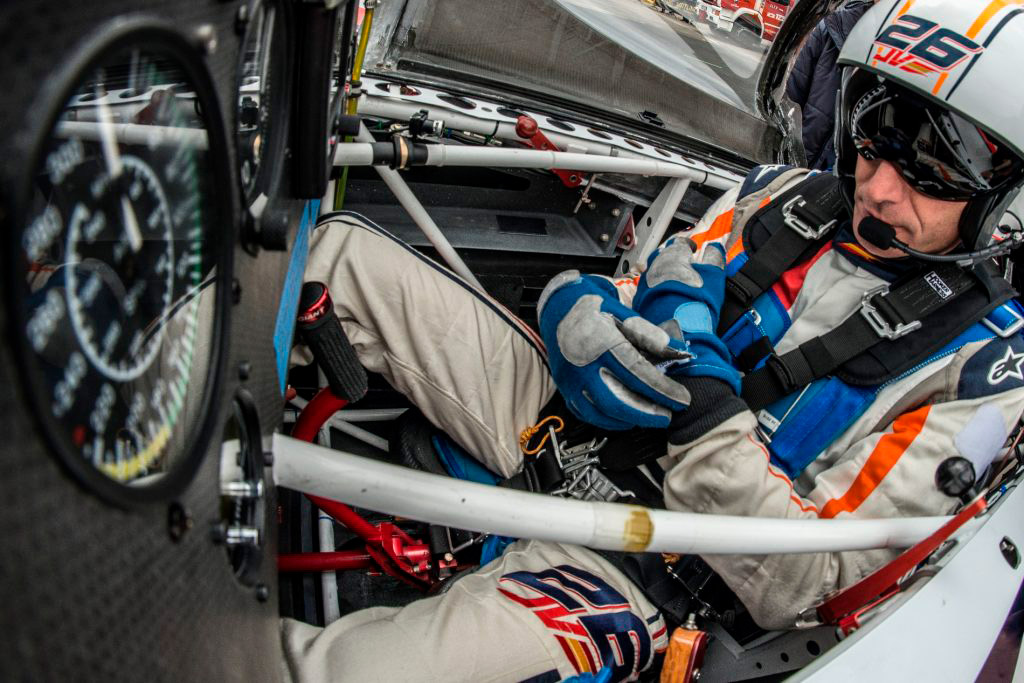 Juan Velarde of Spain prepares for his flight during the qualifying day of the second stage of the Red Bull Air Race World Championship at the Red Bull Ring in Spielberg, Austria on April 23, 2016.